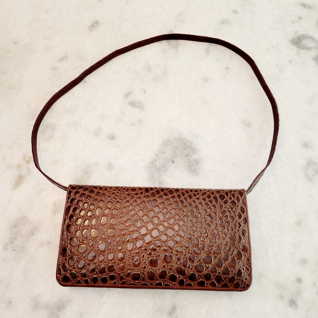 Vintage Crocodile Pattern Leather Brown Shoulder Bag Pocketbook
